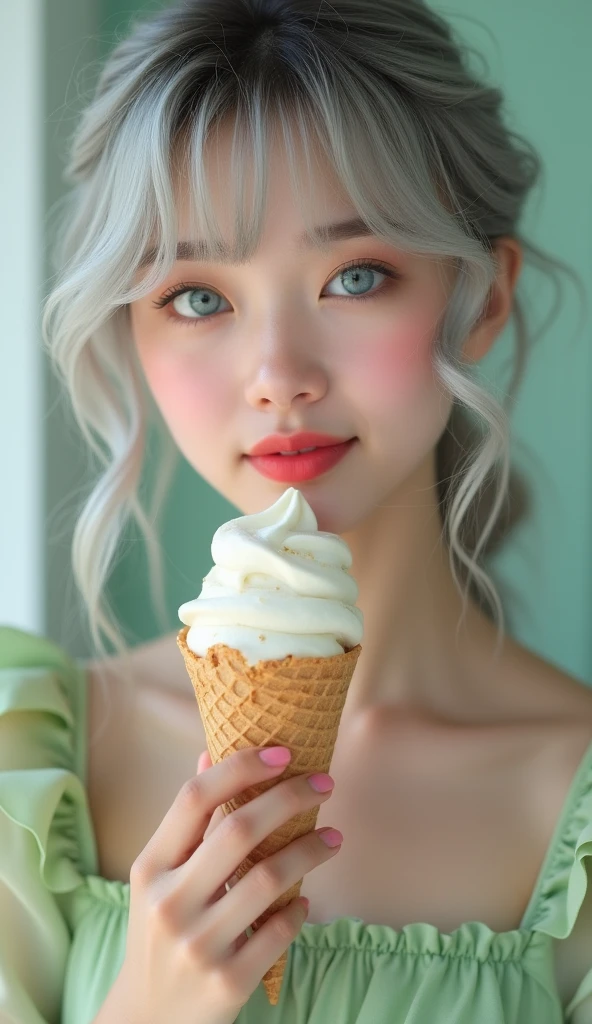 a close-up of a girl solo long hair and white person holding an ice cream cone, sweet girl, woman with wavy silver hair, bangs, light blue eyes, red lips, tender green dress,