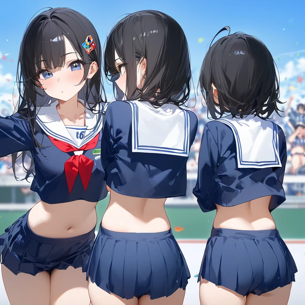 score_9, score_8_up, score_7_up, score_6_up, score_5_up, score_4_up, masterpiece, best quality, source_アニメ,2d、flat、1girl, Long black hair、Sailor suit、blue sky、Back view