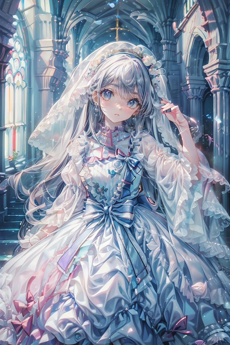 church、Anime Style、beautiful girl、とてもcute天使、Pure white wedding dress、cute、、smile