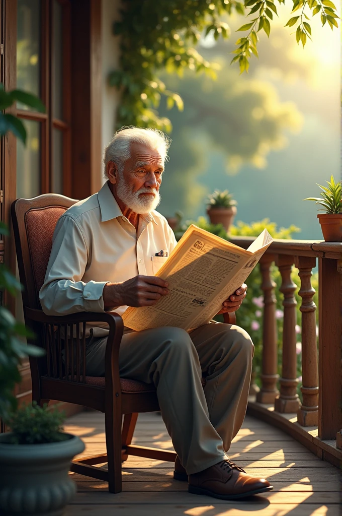 Grandpa reading newspaper in balcony 