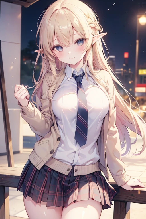 (best quality, masterpiece, ultra-detailed, perfect pixels), (UHD, RTX, 4k wallpaper, japanese anime, CG smooth, textured skin, realistic texture, natural light), 1girl, rio, elf,seductive, , perfect body, bangs, long hair, (close-up, pov, dynamic pose), sly smile, beautiful smile, nipslip, medium breassh, (school uniform, jacket, necktie, cardigan, plaid skirt), outdoor, amusement park, leaning forward