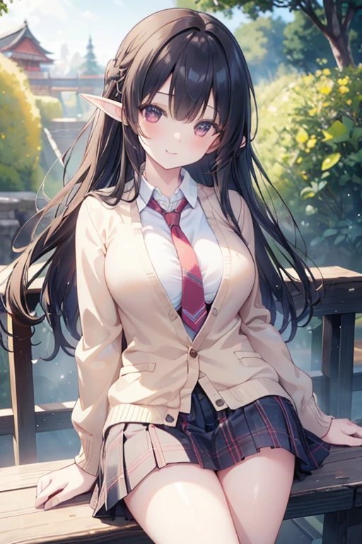 (best quality, masterpiece, ultra-detailed, perfect pixels), (UHD, RTX, 4k wallpaper, japanese anime, CG smooth, textured skin, realistic texture, natural light), 1girl, rio, elf,seductive, busty, perfect body, bangs, long hair, (close-up, pov, dynamic pose), sly smile, beautiful smile, nipslip, medium breasts, blush, (school uniform, jacket, necktie, cardigan, plaid skirt), outdoor, amusement park, leaning forward