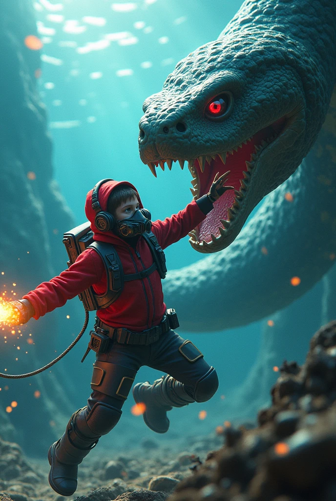kid Star-Lord with red hoodie, Rocket boots, headphones, star-lord helmet, gas helmet, Covered mouth, Round & red eyes, ocean floor, underwater, Fighting with titanoboa, power, Kick, Attack, magic rings in the hands, Fighting, power, fiction, full body, 2 persons, magic lasso, hight, fall, fire in boots, powerful spells, realistic, helmet, mask, float, war, kill, dead, wound