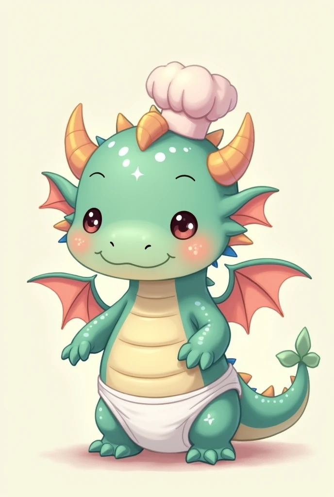 A cute and chubby dragon in kawaii style wearing a diaper and a small chef's hat on its head. The dragon has big, sparkling eyes, tiny wings, and a rounded, plump body. It has a friendly and playful expression. The dragon is depicted in two views: front view and side view. The colors are pastel, such as light green, pink, and blue, with the diaper in white and the chef's hat in light pink.