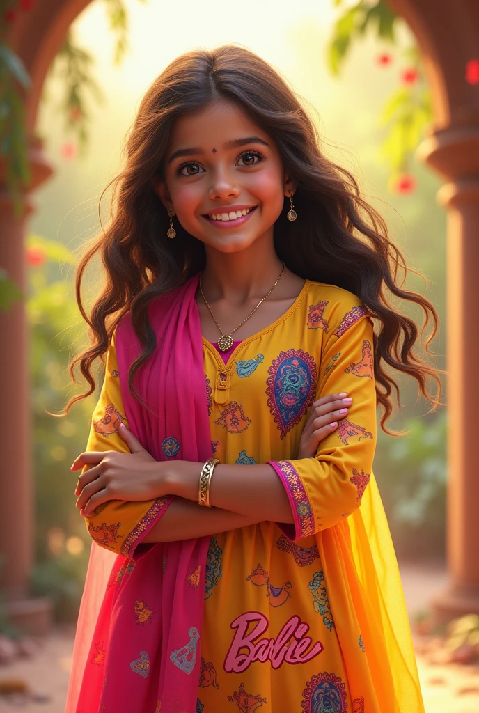 A girl wearing kurta with barbie prints