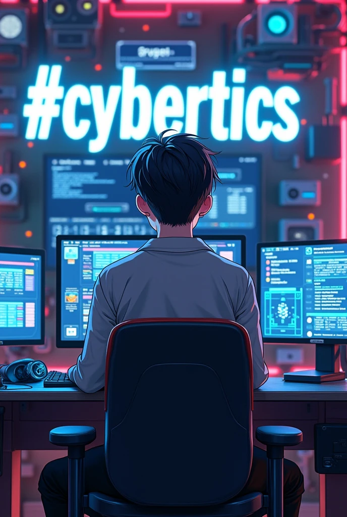 Create a 3D anime-style image of a good-looking anime boy sitting in front of a high-tech setup. The image should be from a front-side face perspective, showcasing the detailed setup with screens and gadgets. In the background, display the name of the channel '#cybertics_grudge' in a neon white light font, making it stand out prominently."