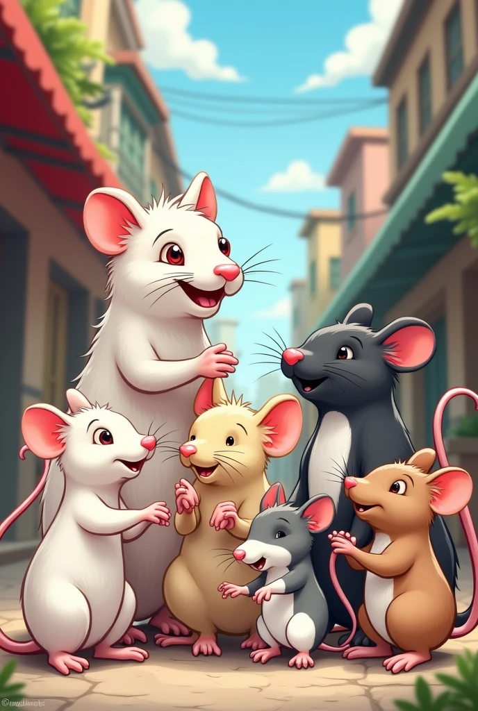 can u give me a cartoonish/illustration of 6 male rats,
1. rat - completely white, red eyes, called TAO
2. rat - completely beige, a bit smaller, called LEI
3. rat - white with a gray head and back, called SHO
4. rat - black head and white/black body, called ZETH
5. rat - brown head and white/brown body, called CHOCO
6. rat - the oldest one, gray/white body and head, called CHAI