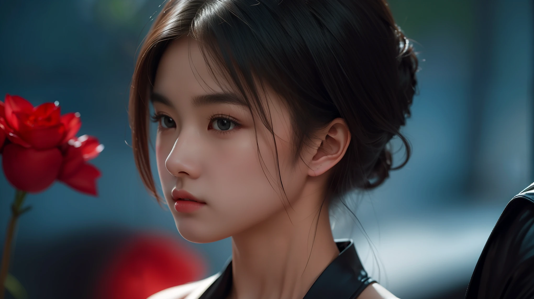 An 8k masterpiece, the highest resolution, every detail, meticulous detail, depth of field, bright colors, beautiful composition: an 1 adolescent girl with black hair and beautiful innocent eyes in stunning detail, standing on a dark and ominous background.