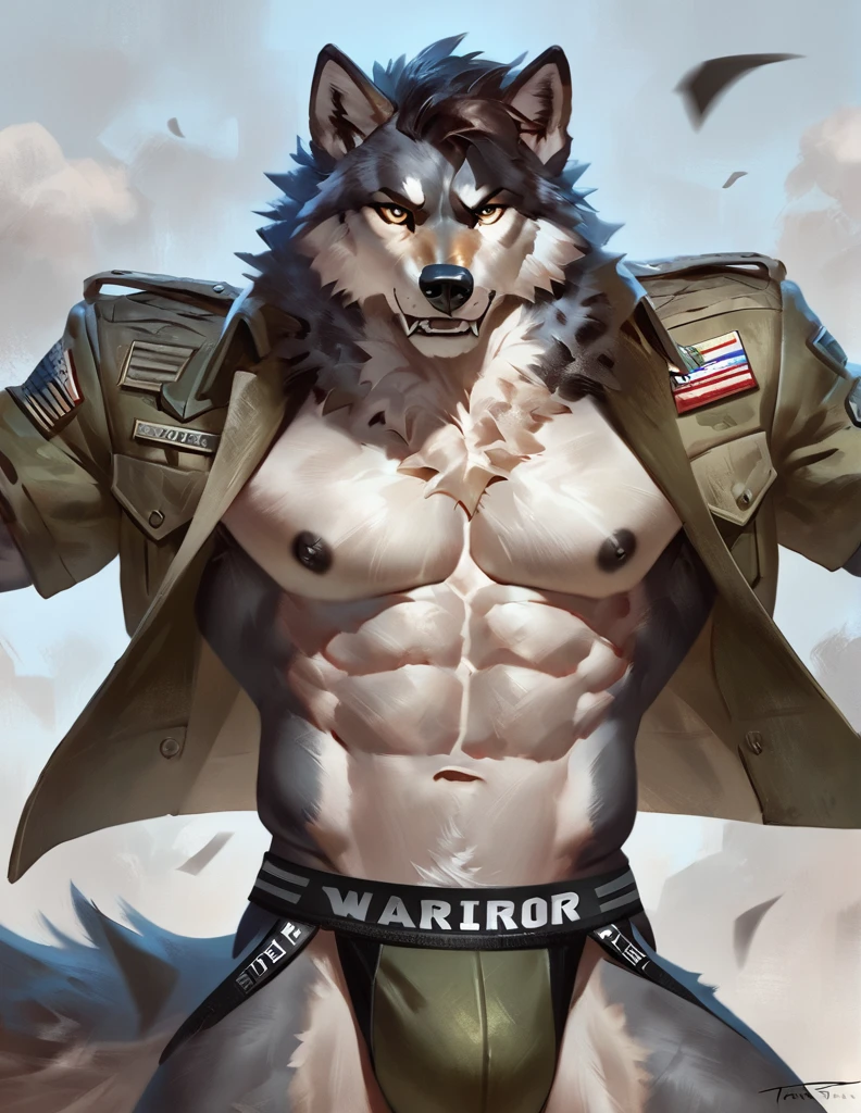 Male warrior wolf anthro, Conceptual art, Alone, strong eyes, jockstrap, anything, masterpiece, ABSurd res, 2023, extreme detail, ABS, Pecs, dark nipples, torn military shirt, by taran violinist, fighting pose, hair