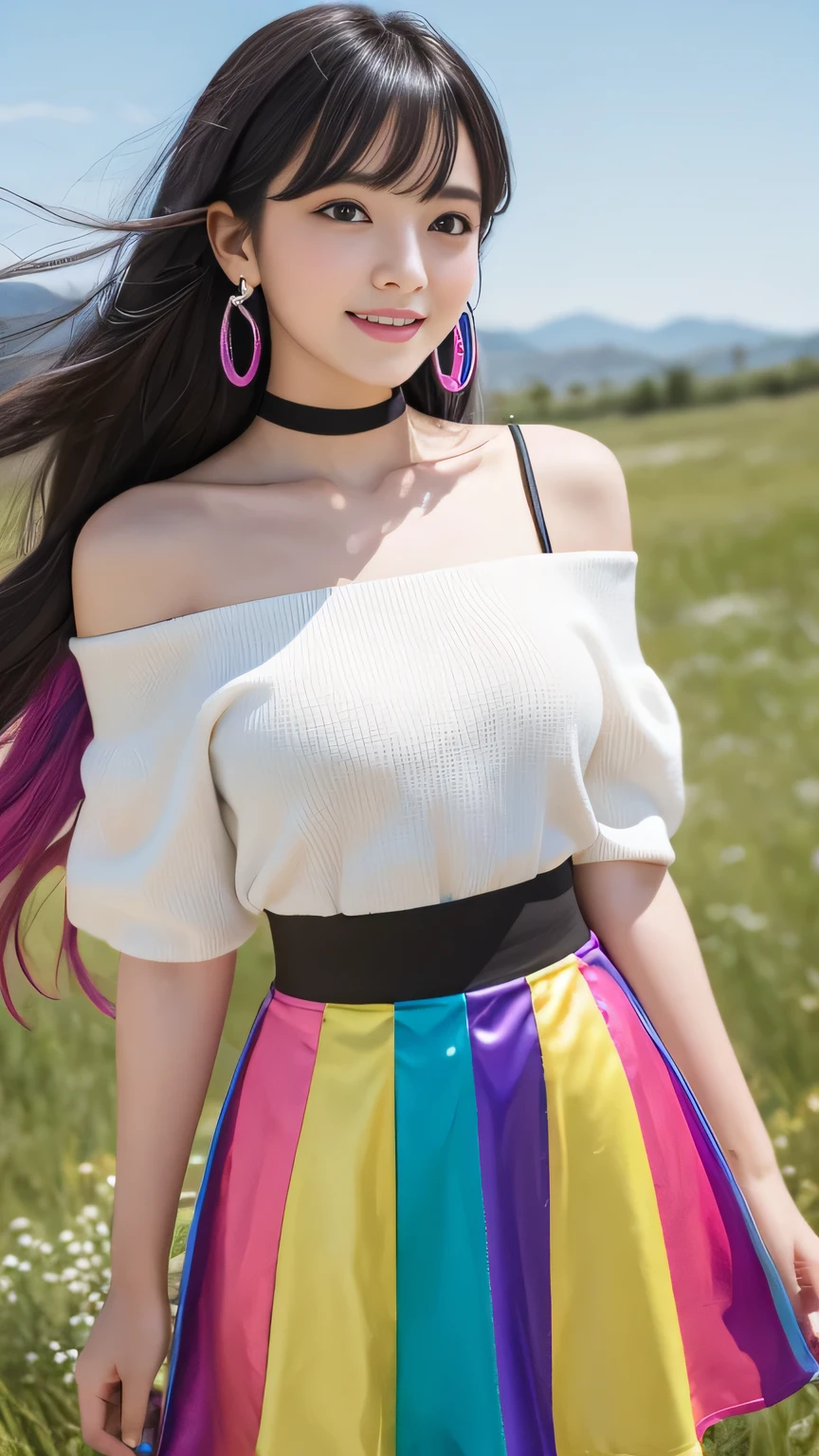 "Generate a highly detailed, vertical portrait of a beautiful Japanese girl with dual-colored hair, silver on the left side and black on the right side, with the tips dyed bright yellow. Her long hair flows in the wind, creating a striking visual effect. She has large, shimmering rainbow-colored eyes and a cheerful smile. Her cheeks are blushed, giving her a healthy and lively expression. The girl is dressed in a white off-shoulder top, loose and relaxed, paired with a shiny black vinyl tight skirt, giving a modern and stylish appearance. She wears large pink flower earrings and a black choker around her neck. The background is colorful and artistic, featuring rainbow splashes and abstract patterns, predominantly in blue, pink, and yellow hues. The distant landscape shows a meadow, adding to the overall fantastical and creative atmosphere."