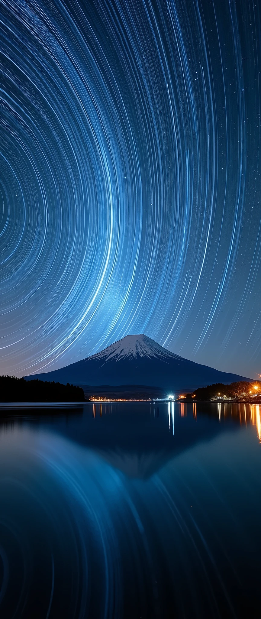 (masterpiece:1.2,Exceptional Quality,mirror-like,Cinematic Experience,Photorealistic:2.0,RAW Photos:2.0),Ultra-high resolution,Super detailed,8k,wallpaper,(Astrophotography:2.0),(Star Trail:2.0),(Beautiful Star Trails:2.0),(dynamic:2.0),(exposed for a short time:2.0),(Fuji Mountain),(Diffuse reflection of light)