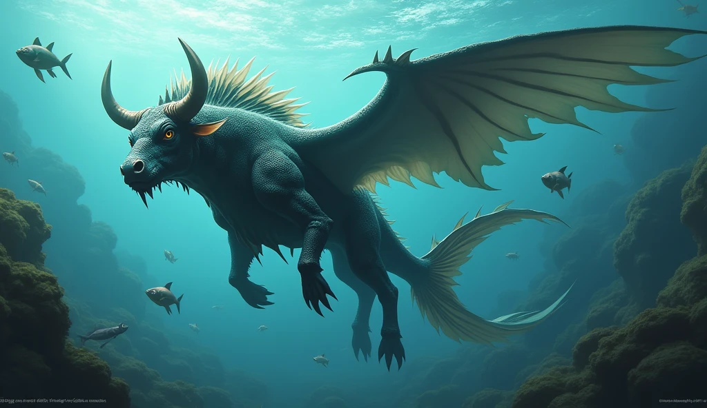 There is a fish underwater,It has a bull's head and a snake's tail.,Wings on the back(best quality,4K,8k,High level,masterpiece:1.2),Ultra Detailed,(lifelike,Photo real,Photo real:1.37)