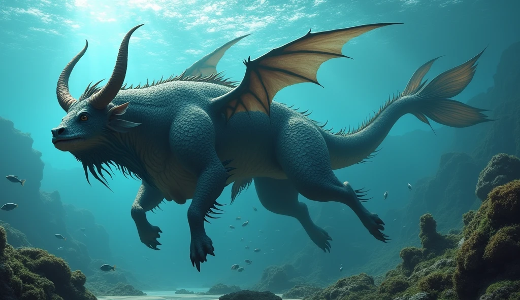 There is a fish underwater,It has a bull's head and a snake's tail.,Wings on the back(best quality,4K,8k,High level,masterpiece:1.2),Ultra Detailed,(lifelike,Photo real,Photo real:1.37)