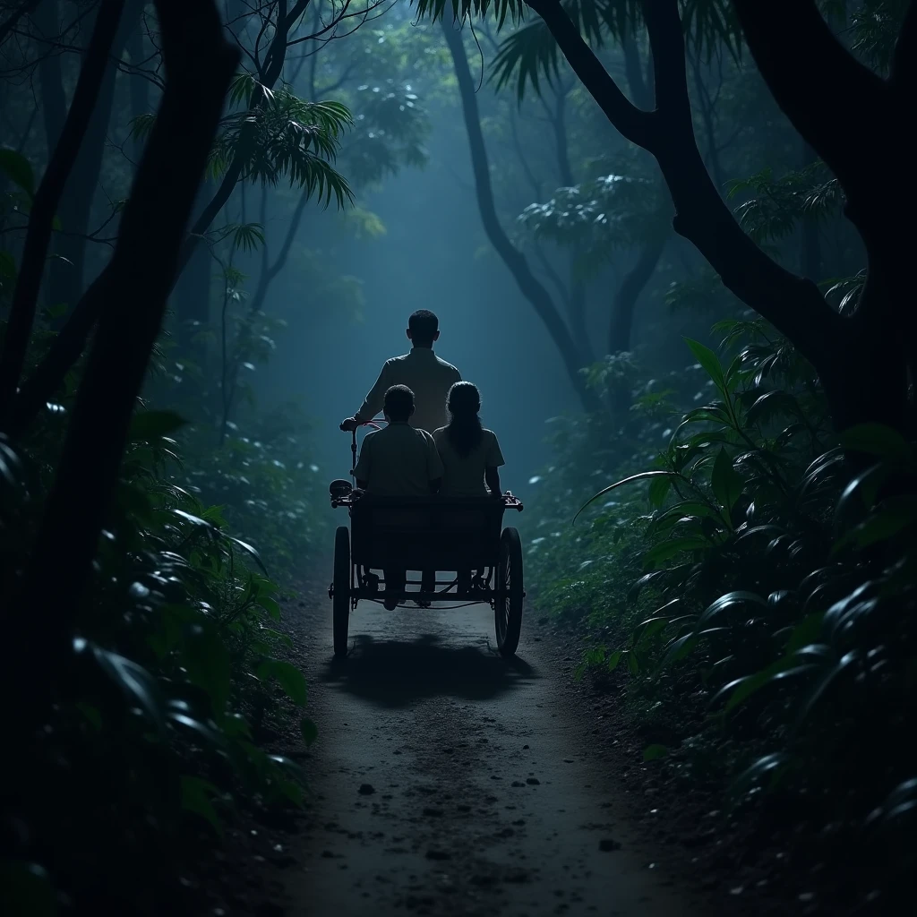 A photo of a manual rikshaw being pedaled by a man with his pregnant wife and an old lady as passengers. They are traveling through a jungle with eerie trails at night. The background is dark and mysterious.