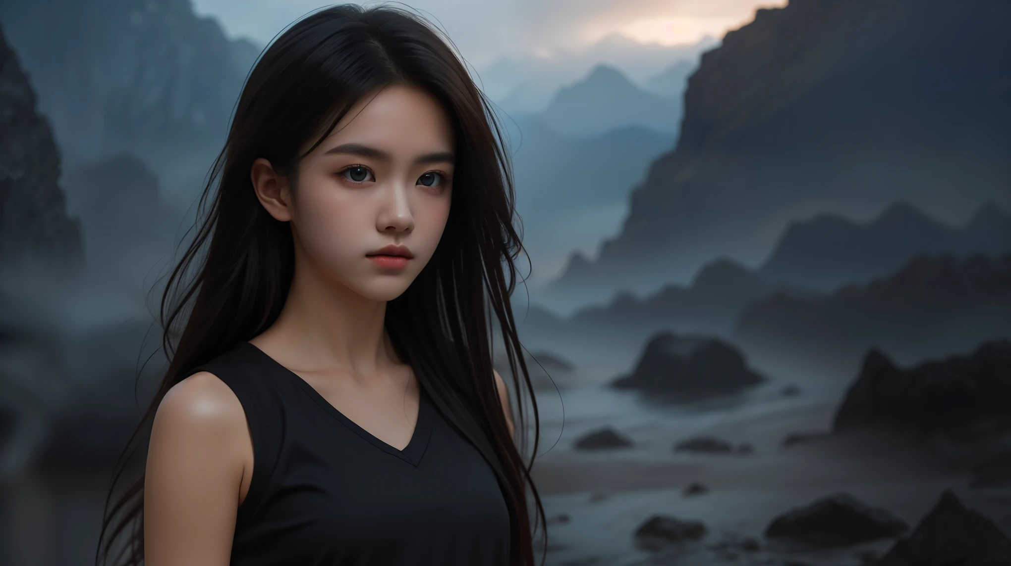 An 8k masterpiece, the highest resolution, every detail, meticulous detail, depth of field, bright colors, beautiful composition: an 1 adolescent girl with black hair and beautiful innocent eyes in stunning detail, standing on a dark and ominous background.