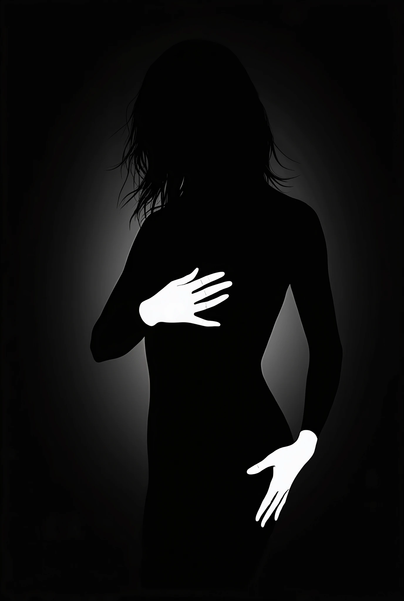 Couverture de livre
silhouette noire d'une femme avec des mains blanches sur son corps (seins et partie intime)
fond noir