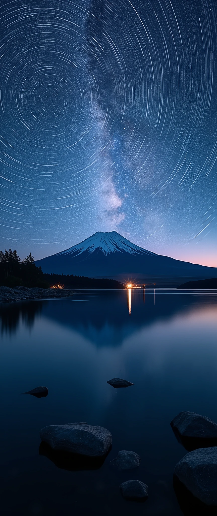 (masterpiece:1.2,Exceptional Quality,mirror-like,Cinematic Experience,Photorealistic:2.0,RAW Photos:2.0),Ultra-high resolution,Super detailed,8k,wallpaper,(Astrophotography:2.0),(Star Trail:2.0),(Beautiful Star Trails:2.0),(dynamic:2.0),(exposed for a short time:2.0),(Fuji Mountain),(Diffuse reflection of light)