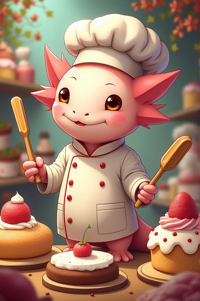 Create a pastry chef axolotl to advertise desserts, cakes and food but that says in their Filipino the name of sweet memory
