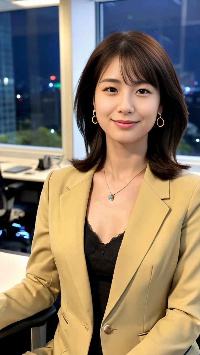 (top-quality, 16K, ​masterpiece:1.3), (ultra detailed), (masterpiece), (best quality), Highest quality, Realistic, surreal, Highest quality, Extremely detailed CG, Very delicate, 16K wallpaper, High resolution, A female manager working for a top company, 3, ((Light makeup)), ((There is a mole on the face that is considered seductive:1.0)), ((adorable dimples)), ((UNTITLED business suits)), ((A very simple necklace)), ((Japanese office at night)), ((sitting in an office chair)), Japanese, slender body, ((flat chest:1.5)), very detailed, detailed fingers, detailed hands, detailed eyes, detailed legs, accurate and perfect human anatomy, real human skin, BREAK ((upper body)), ((look into the viewer's eyes)), ((looking at viewer)), ((Front view)), ((from front)),