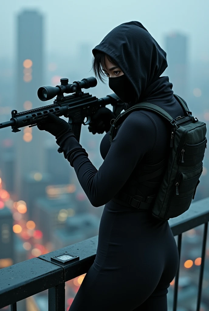 A Japanese female sniper wearing a cloth mask stands on the rooftop of a high-rise building.