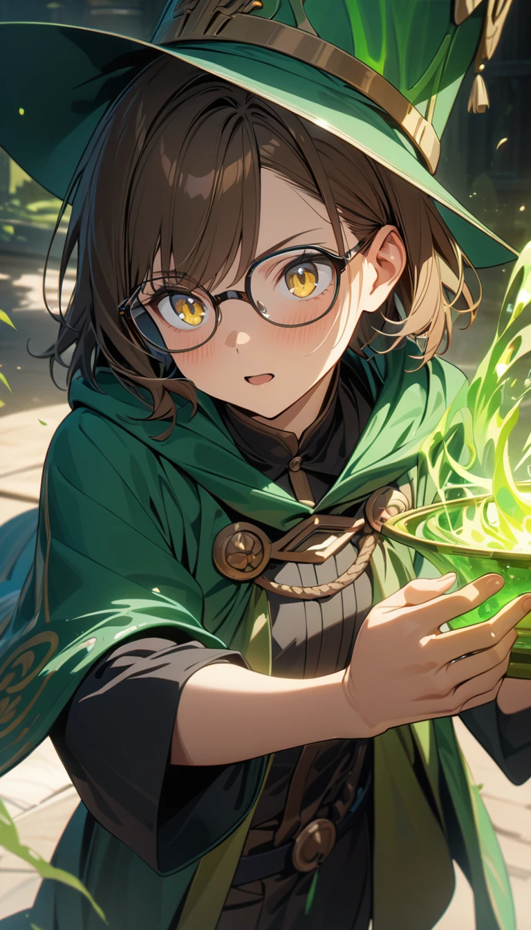 young guy, short brown hair, yellow eyes, glasses, green magician robe, green magic hat, Masterpiece, best quality, Full HD, 8k, ultra details, great graphic