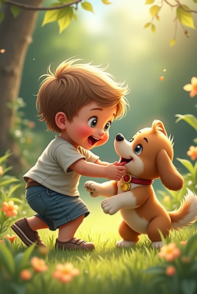 Cute  playing with a dog
