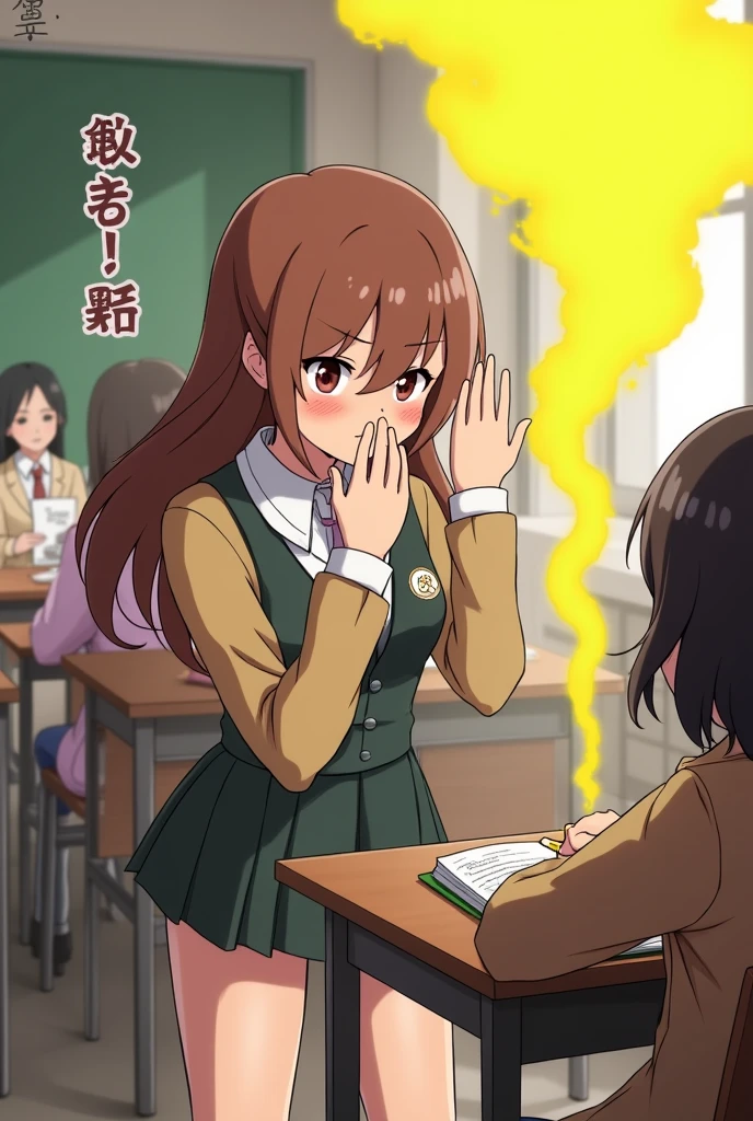 ((kugIsakI nobara)),((velocIty)),Yellow smoke,Attacked by farts, (((Women sIttIng In a chaIr and wrItIng wIth a book on the table)),velocIty,(Yellow smoke Is rIsIng),I'I'I'I'I'I'classroom)),((One Woman)),((A gIrl smells a fart and smIled faIntly)),((fart whIle wrItIng)),((blushIng)),((rear vIew)),masterpIece:1.2、top-qualIty)、(the Extremely DetaIled CG UnIty 8K Wallpapers、ultra-detaIllIert、Best Shadows)、(Detailed background)、(The best lIghtIng、extremely delIcate and beautIful)、depth of fIelds、1gIrl In、solo、lookIng arround her,Women wear jujutsu school unIform,Ephemeral,,(brownhaIr),(jujutsu outfIt)),((((GIrl Is embarassed when she smells the bad smell of farts)))),outfIt lIke a jujutsu wItch,((((profIle facIng dIagonally)))),((I'I closed my mouth wIth hand feel embarassed...)),(()),((embarassIng look)),((massIve fart)),((fart text))