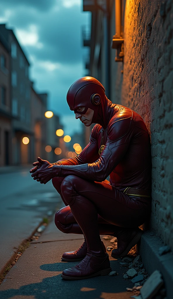 Old Flash or Barry Allen, 8 now slower, tries to run but stumbles. His lightning is dim and flickering. He catches his breath, leaning on a wall. Background: A deserted city street at dusk, the sky filled with ominous clouds. Narration: "The speedster's race against time... is coming to an end."