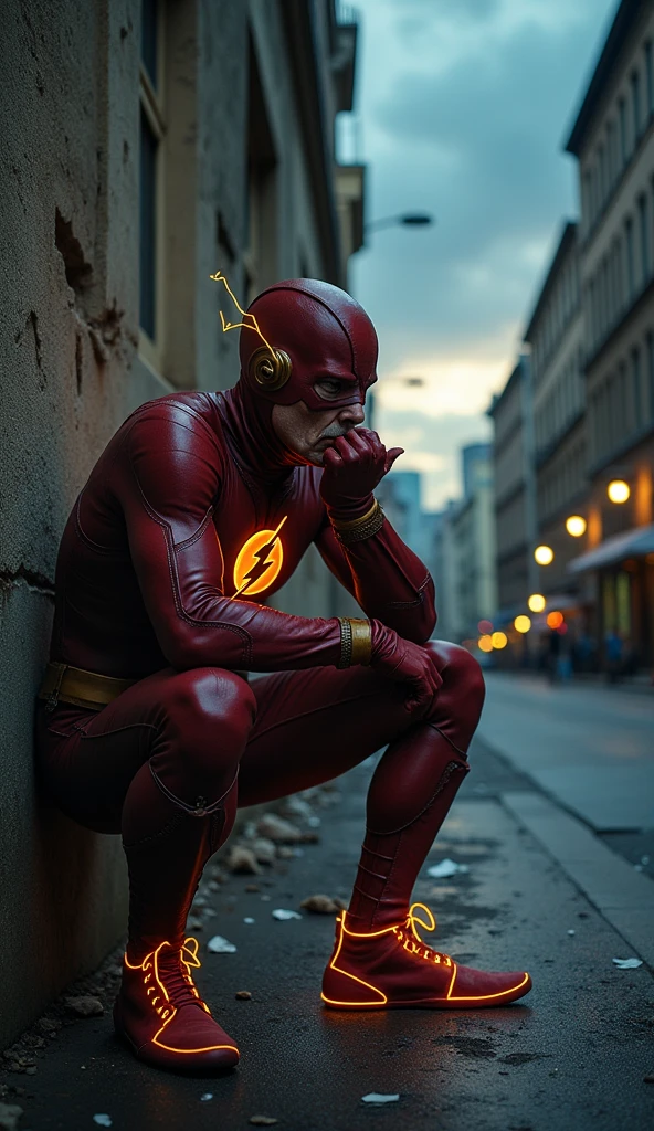 Old Flash or Barry Allen, 8 now slower, tries to run but stumbles. His lightning is dim and flickering. He catches his breath, leaning on a wall. Background: A deserted city street at dusk, the sky filled with ominous clouds. Narration: "The speedster's race against time... is coming to an end." 