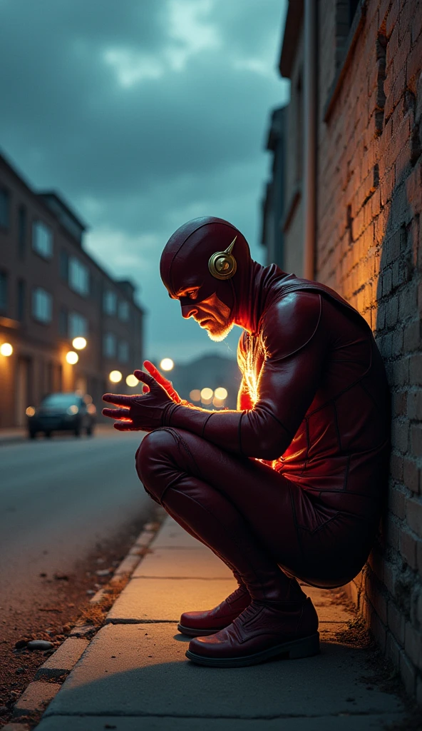 Old Flash or Barry Allen, 8 now slower, tries to run but stumbles. His lightning is dim and flickering. He catches his breath, leaning on a wall. Background: A deserted city street at dusk, the sky filled with ominous clouds. Narration: "The speedster's race against time... is coming to an end." 
