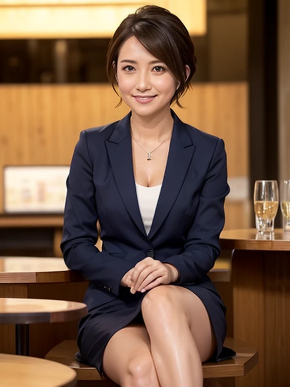 V-neck shirt, Cleavage, Beautifully detailed skies,Detailed Cafe,night,Wet、Sitting Spread your legs Date, rain, woman 5 Businesswoman business suit Short Hair cute Realistic Hands on thighs Knees facing forward Skirt roll up smile