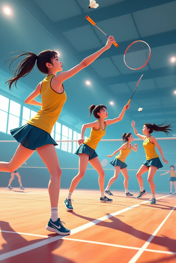 make a realistic picture four beautiful japanese girls in sexy sports dress in badminton indoor court.