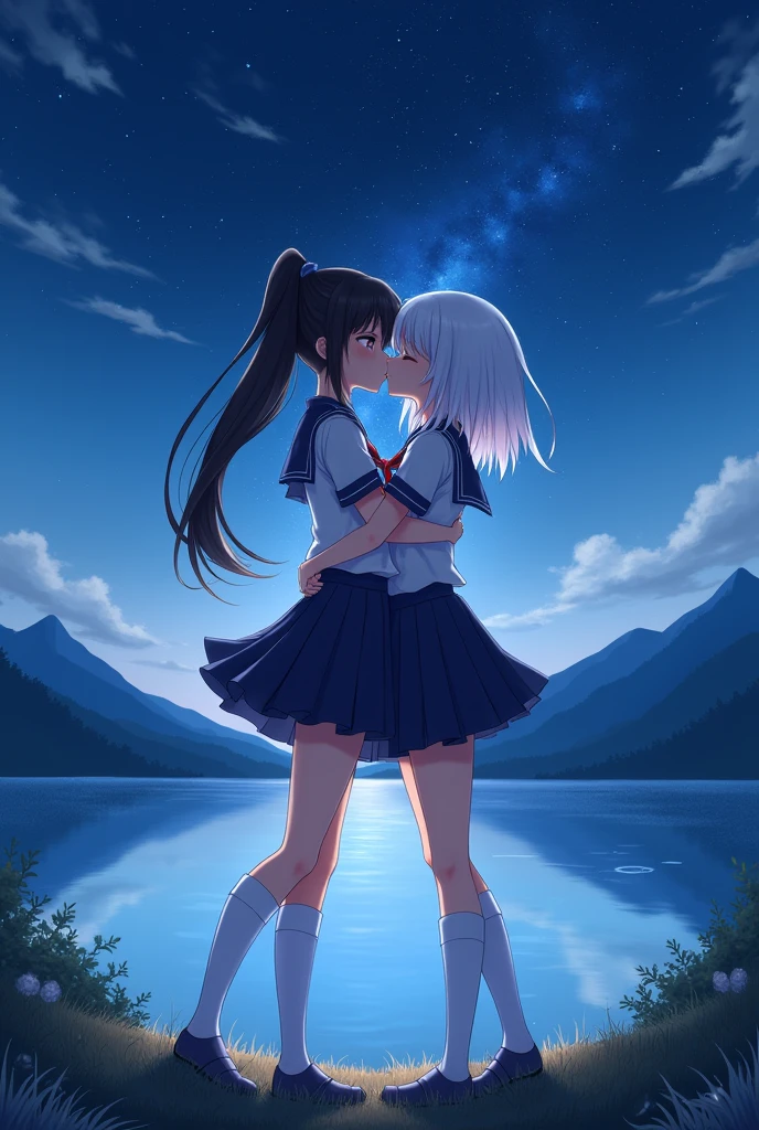 (Masterpiece)、Highest quality、High resolution、high resolution、Two beautiful girls、One of them is a slim girl with black twin-tails and bangs.、The second person is a slender girl with medium-long white hair.、lily、(kiss)、uniform、Close ~ eyes、anime, The person is on the hill、The background is a lake surrounded by mountains and a starry sky、White knee-high、night、(Drawing people painstakingly)