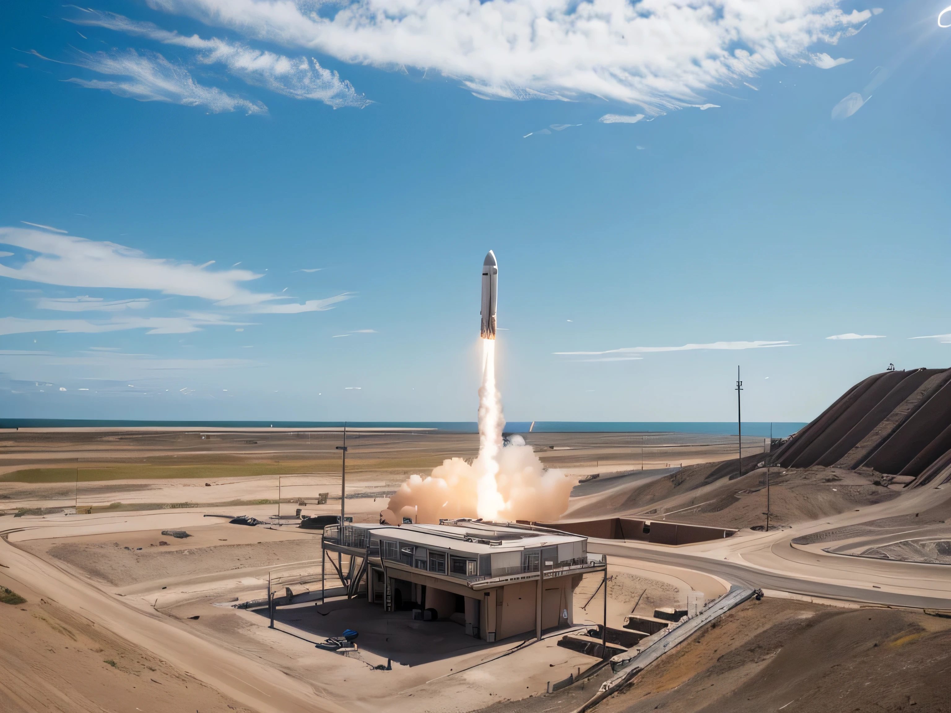 A rocket launching from a ground launch pad The weather is sunny Launch site near the sea