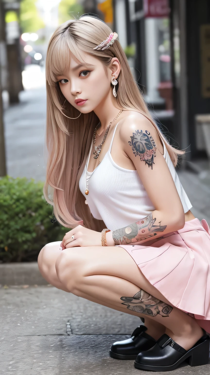 Gal clothes( Highest quality, 8k, masterpiece, RAW Photos: 1.3),mysterious, Beautiful Japanese Women, Young Japanese women,Trained and toned body、 (Highlight Color Hair,pink、blonde、5 ear piercings、necklace、Roman alphabet tattoo on arm、 Straight long hair, Layered Haircut), Earrings, Many thin bracelets, whole body, Squat on the ground in a crab-legged position, Super detailed, Intricate details, Highly detailed face and skin tones, (body whole body tattoo, whole bodyに入れ墨), Beautiful Eyes, Realistic, Fascinating, Beautiful posture、Always wear a skirt、Crouched down and staring at you、Harajuku Style、Yankee sister、Flashy accessories、Gal clothesコーディネート