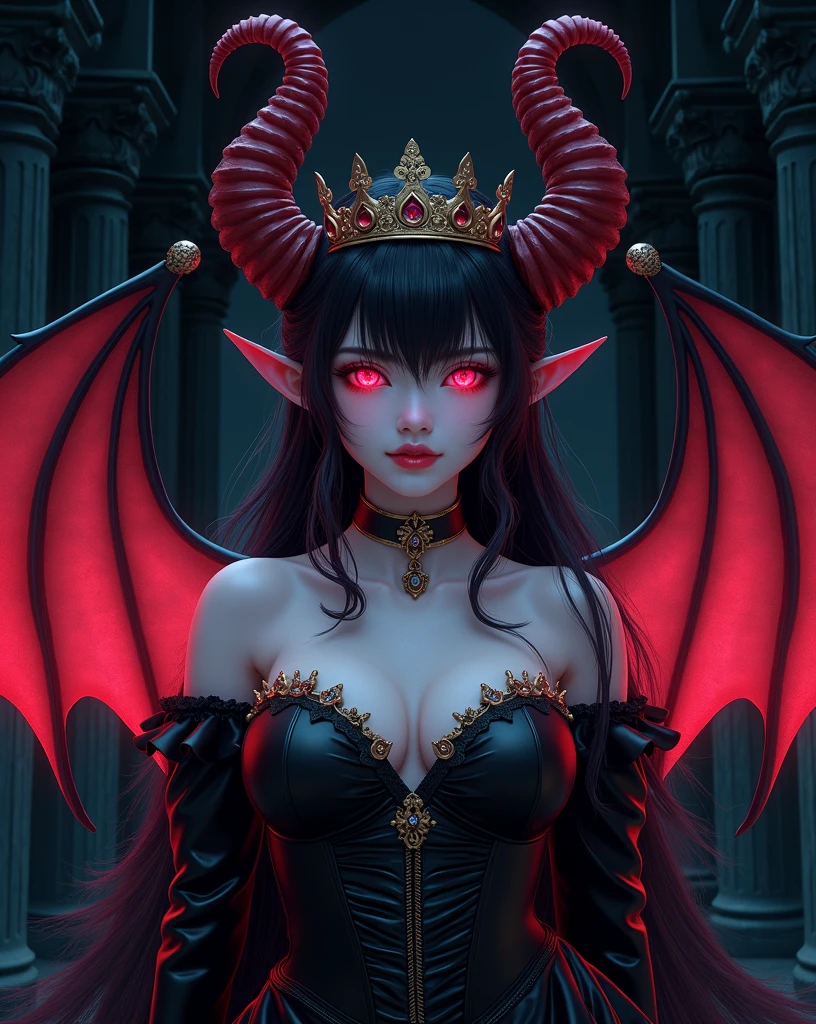 A cinematic shot of a dark fantasy anime-style portrait of a seductive succubus named Lady Venus. She has striking black hair with neon red tips and wears a crown. She has large, glowing red eyes and wears dark clothing. Her wings have a vibrant red center. The background is a dark, gothic architecture. The overall composition is illuminated by dramatic lighting. This portrait is a masterful combination of photography, 3D render, and artistic elements.