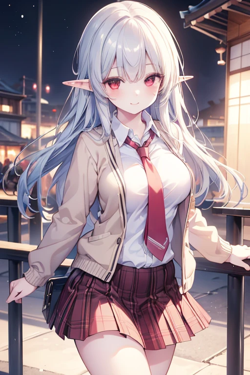 (best quality, masterpiece, ultra-detailed, perfect pixels), (UHD, RTX, 4k wallpaper, japanese anime, CG smooth, textured skin, realistic texture, natural light), 1girl, rio, elf,seductive, busty, perfect body, bangs, long hair,silver hair (close-up, pov, dynamic pose), ,red eyes,sly smile, beautiful smile, nipslip, medium breasts, blush, (school uniform, jacket, necktie, cardigan, plaid skirt), outdoor, amusement park, leaning forward