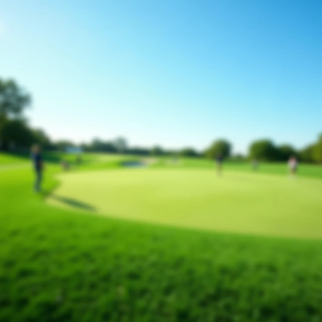 "A photograph of a golf course with a wide expanse of green grass in the foreground. In the distance, a few people can be seen, blurred to maintain focus on the landscape. The scene is bright and sunny, with a clear blue sky overhead, offering a serene and open space ideal for photo composition."