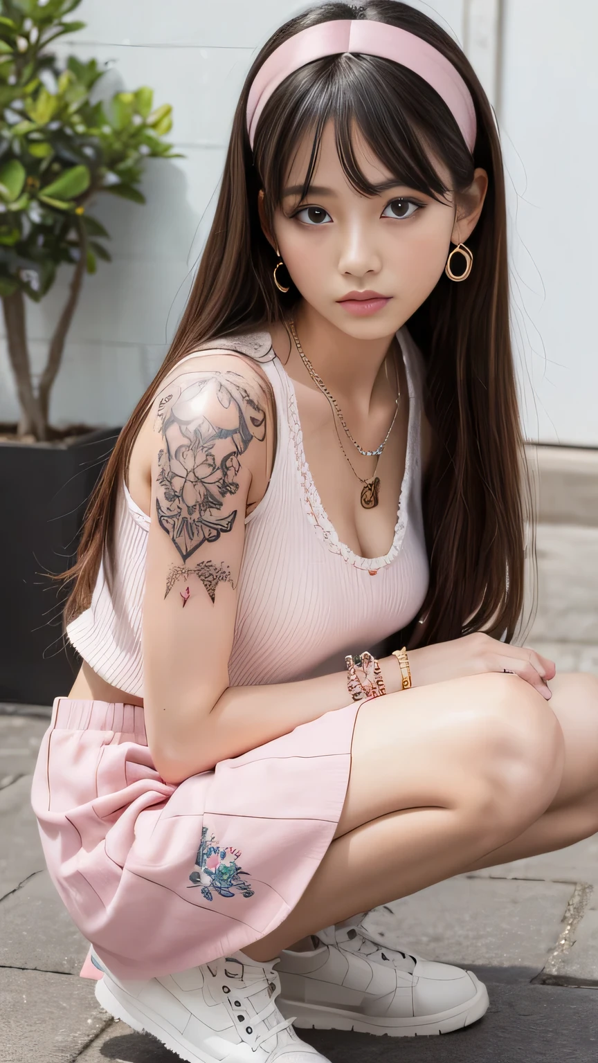 Gal clothes( Highest quality, 8k, masterpiece, RAW Photos: 1.3),mysterious, Beautiful Japanese Women, Young Japanese women,Trained and toned body、 (Highlight Color Hair,pink、blonde、5 ear piercings、necklace、Roman alphabet tattoo on arm、 Straight long hair, Layered Haircut), Earrings, Many thin bracelets, whole body, Squat on the ground in a crab-legged position, Super detailed, Intricate details, Highly detailed face and skin tones, (body whole body tattoo, whole bodyに入れ墨), Beautiful Eyes, Realistic, Fascinating, Beautiful posture、Always wear a skirt、Crouched down and staring at you、Harajuku Style、Yankee sister、Flashy accessories、Gal clothesコーディネート