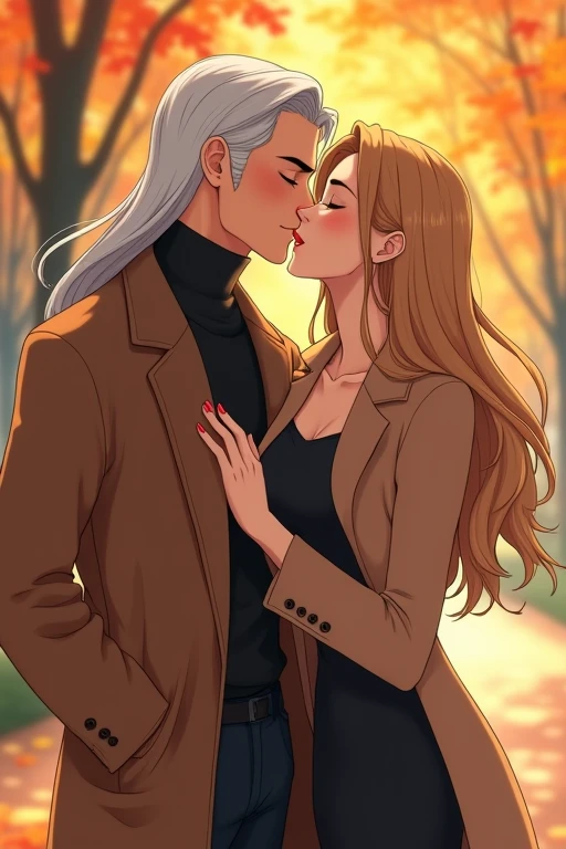 I would like to get an image of an anime-style couple consisting of an adult man with long platinum hair below the shoulders, wearing a black turtleneck sweater, a brown cashmere coat, light jeans, kissing a young incredibly beautiful woman with long golden hair and in a tight black dress and a light brown short coat, who hugs him for the neck. Autumn Park. In full growth.