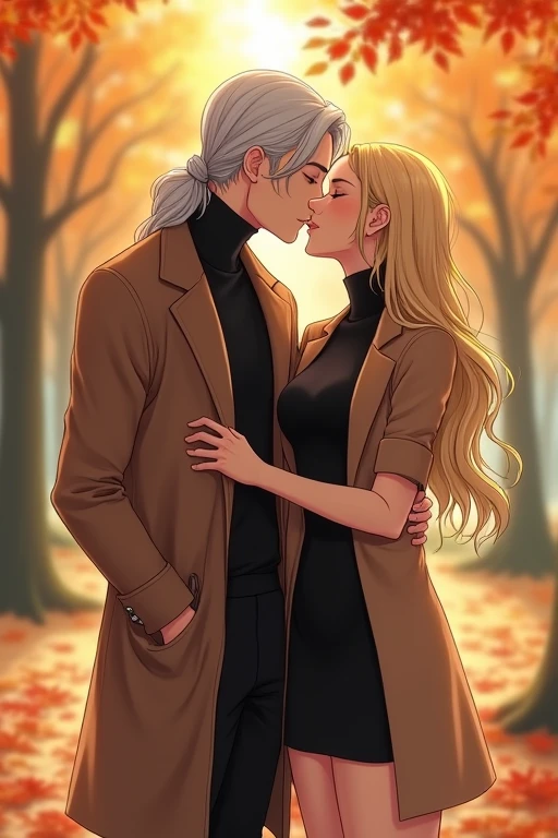 I would like to get an image of an anime-style couple consisting of an adult man with long platinum hair below the shoulders, wearing a black turtleneck sweater, a brown cashmere coat, light jeans, kissing a young incredibly beautiful woman with long golden hair and in a tight black dress and a light brown short coat, who hugs him for the neck. Autumn Park. In full growth.