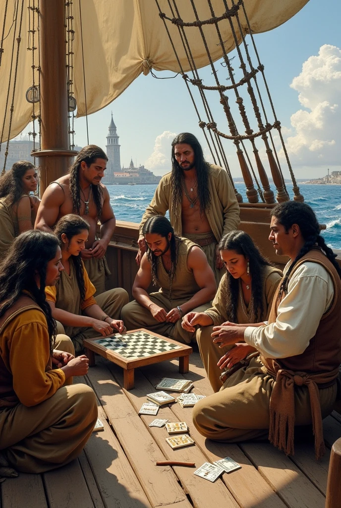 Strong black, native Americans, few white man and a xew woman dressed like poor folks un American revolutionery period, playing ches cards and dominos, some are cleaning the deck, some are loading muskets, on a deck of a wooden ship still in a harbor. 