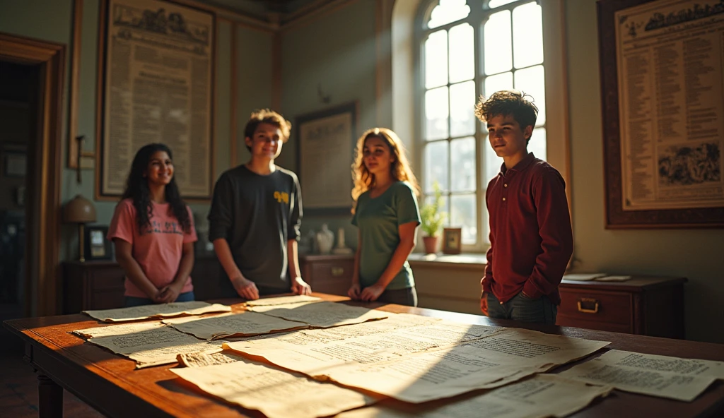 "A room filled with historical documents and a letter on a table. The letter reveals that the entire mystery was a test of their intellect and teamwork. The room has a large window overlooking the university campus. Alex, Jamie, and Priya stand in the background, relieved and excited as they reflect on their successful adventure."