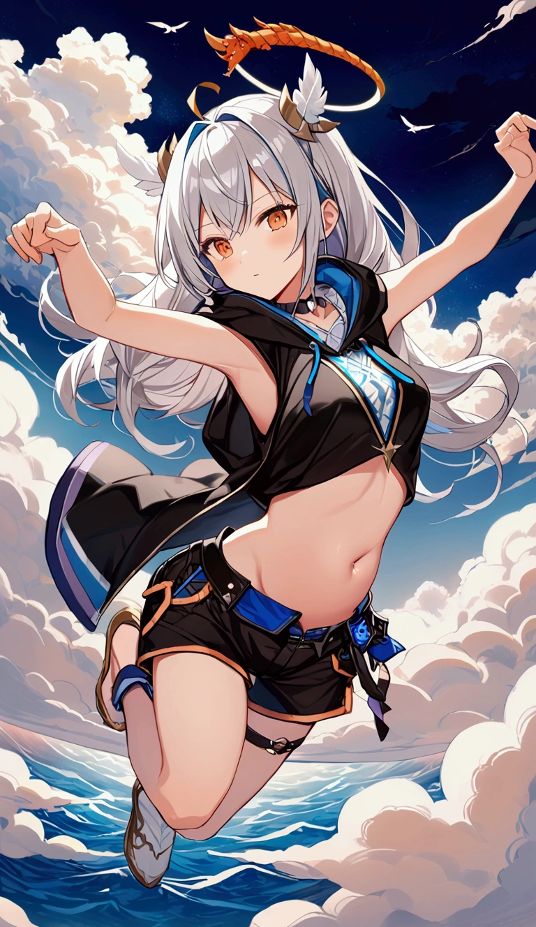 The Four Canatas,Hololive,Gray Hair,Angel Halo,(Cool pose,Dynamic pose,Black hoodieを羽織る,Black shorts),Night Sky,Top view,(One Girl,Black hoodie,whole body,Sleeveless,belly button,One white feather),((sea of clouds,An orange dragon is flying in the distance in the background))
