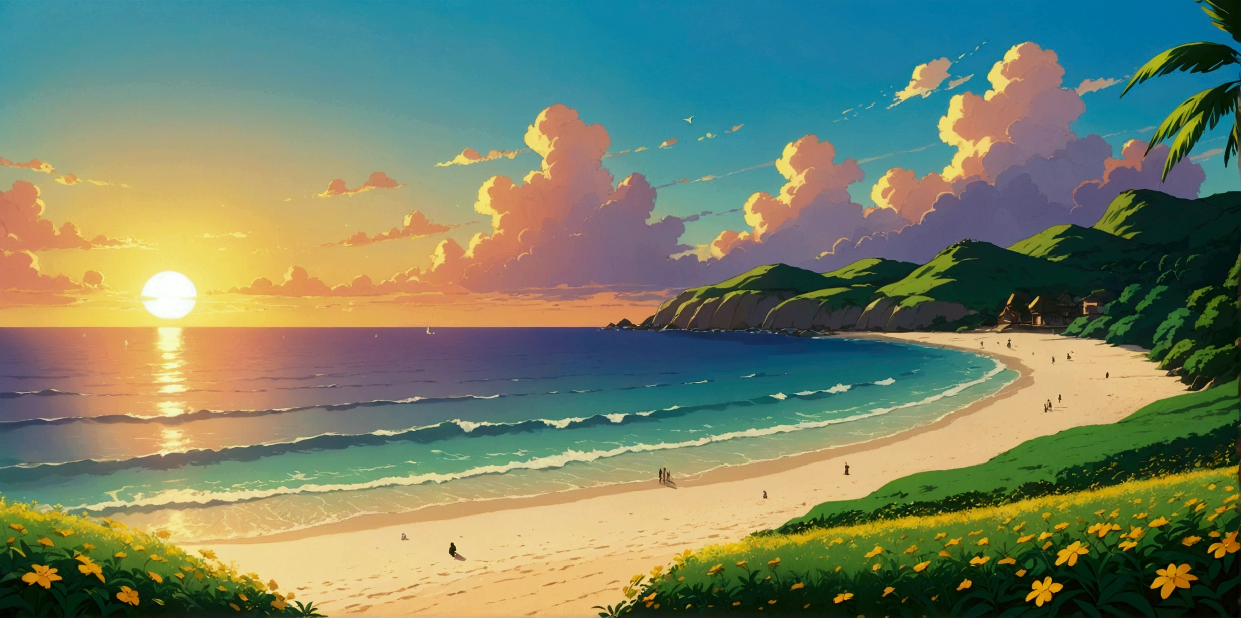 Lemon,Sunset and beach、Buckshot、Xin Haichen、Ghibli Anime Style、Anime Background、 I put on headphones、profile、Anime Scenery、Anime movie background,lo-fi、１９８０Era