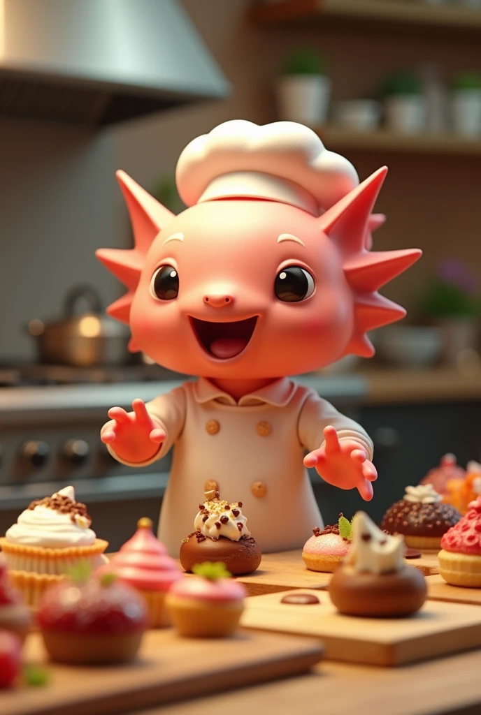 Create a moving pastry chef axolotl (video) to advertise desserts, cakes and food but that says in their Filipino the name of sweet memory 