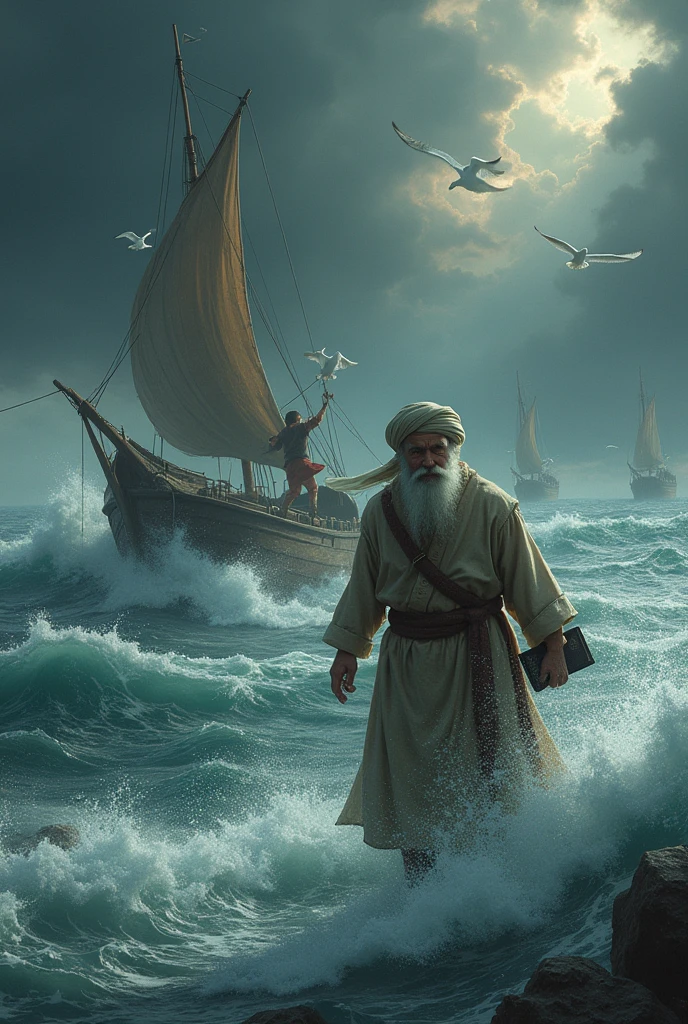 There are dark clouds in the sky. There are big waves in the river due to the storm, the boat has sunk. The sailor jumps from the boat and cuts the sail. The sailor has torn clothes and a towel on his head.
A middle-aged pious scholar is drowning with a book in his hand, he is silent in fear. He says I can't swim. The scholar was wearing a long robe and a turban on his head. White and white bucks are flying in the sky.