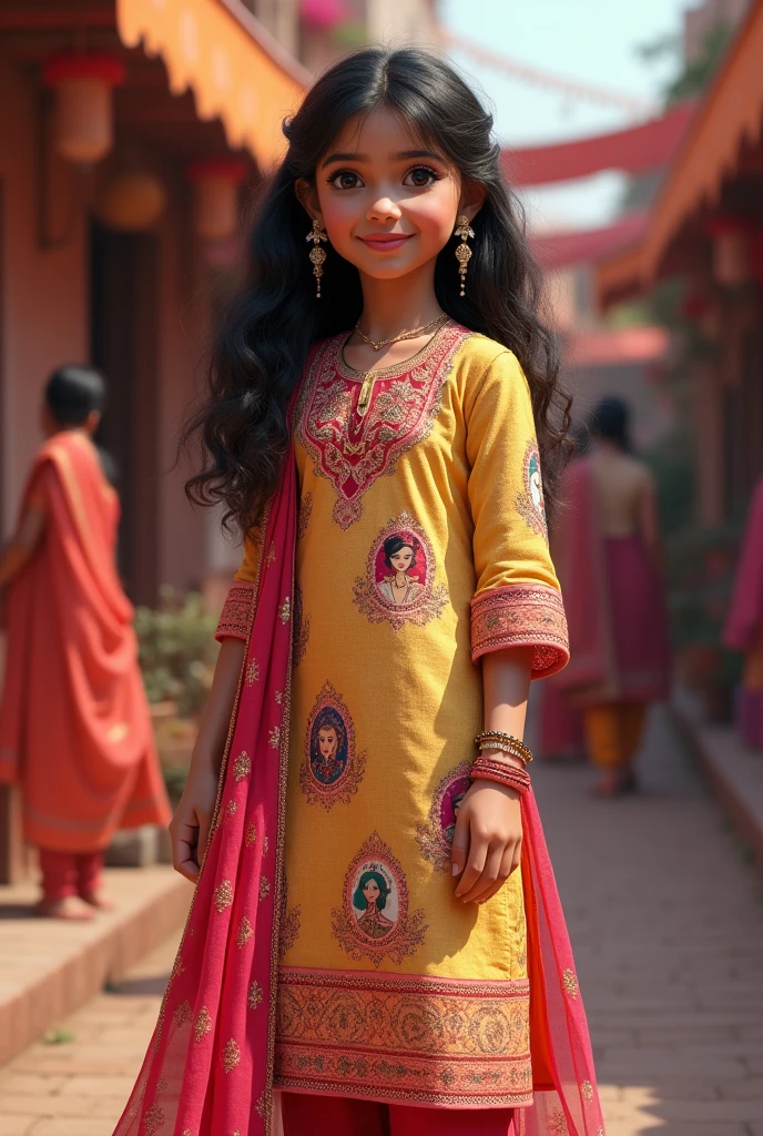 A girl wearing Indian kurta with barbie images on it