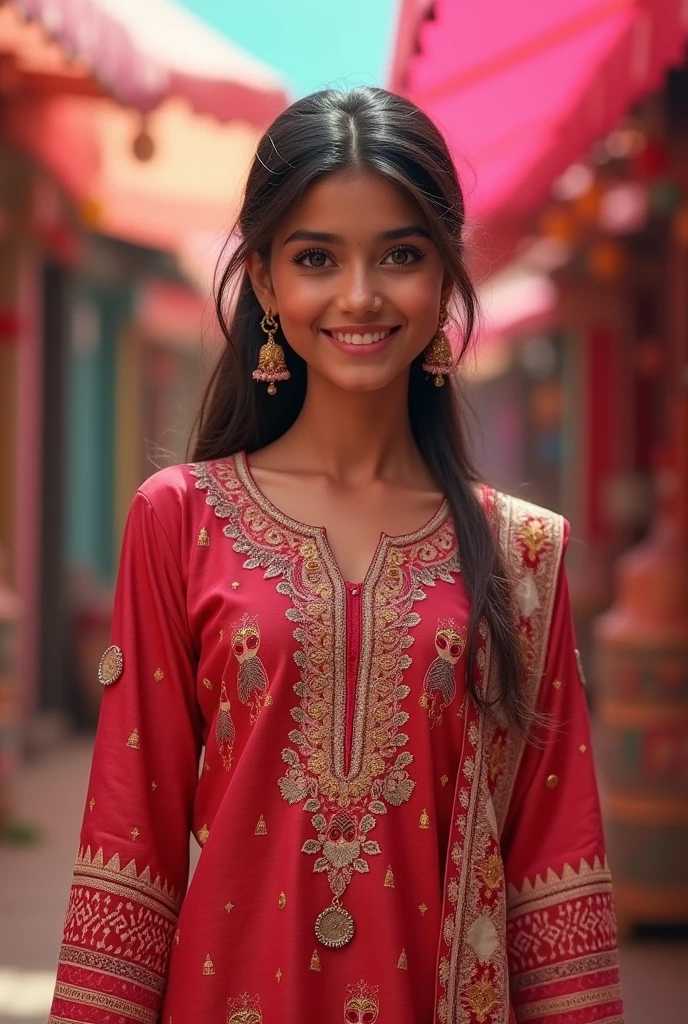 A girl wearing Indian kurta with barbie images on it