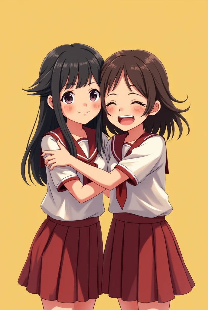 A 1 Thai school girl and a Lao school girl stand hugging each other, posing for a photo, smiling beautifully.
